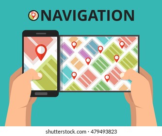Hands holding smartphone with city map gps navigator on screen. Finding the way concept. Flat vector illustration.