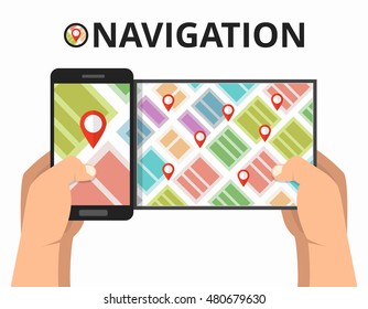 Hands holding smartphone with city map gps navigator on screen. Finding the way concept. Flat vector illustration.