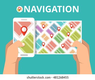 Hands holding smartphone with city map gps navigator on screen. Finding the way concept. Flat vector illustration.