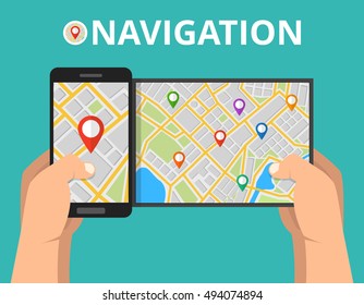 Hands holding smartphone with city map gps navigator on screen. Finding the way concept. Flat vector illustration.