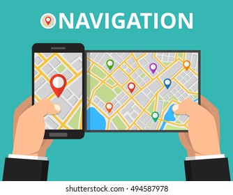 Hands holding smartphone with city map gps navigator on screen. Finding the way concept. Flat vector illustration.
