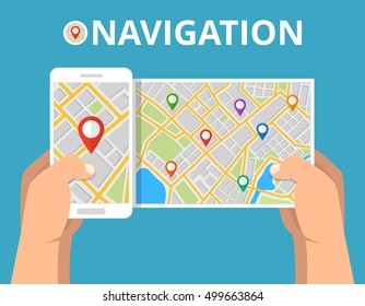 Hands holding smartphone with city map gps navigator on screen. Finding the way concept. Flat vector illustration.
