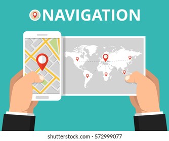 Hands holding smartphone with city map gps navigator on screen. Finding the way concept. Flat vector illustration.