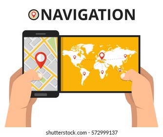 Hands holding smartphone with city map gps navigator on screen. Finding the way concept. Flat vector illustration.