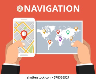 Hands holding smartphone with city map gps navigator on screen. Finding the way concept. Flat vector illustration.