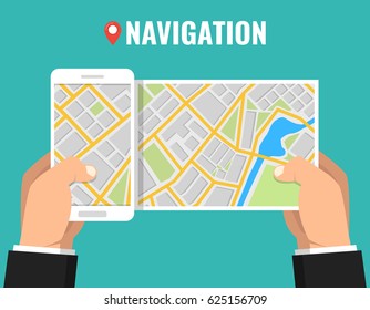 Hands holding smartphone with city map gps navigator on screen. Finding the way concept. Flat vector illustration.