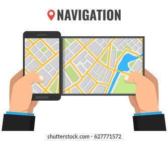 Hands holding smartphone with city map gps navigator on screen. Finding the way concept. Flat vector illustration.