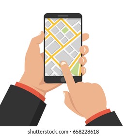 Hands holding smartphone with city map gps navigator on screen. Finding the way concept. Flat vector illustration.