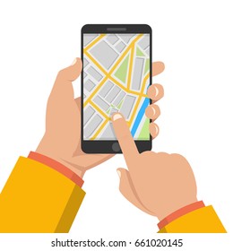 Hands holding smartphone with city map gps navigator on screen. Finding the way concept. Flat vector illustration.