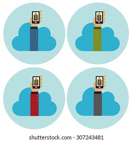 Hands holding smartphone - cloud technology and e-learning, vector icons set 