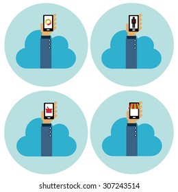 Hands holding smartphone - cloud technology and e-business, vector icons set 