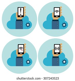 Hands holding smartphone - cloud technology and wireless protection, vector icons set 