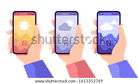 Hands holding smartphone with cloudy and sunny day concept. Weather app, touchscreen device with different seasons and daily temperature, vector flat illustration