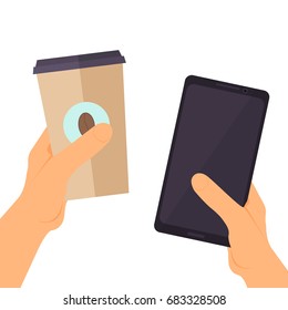 Hands holding smartphone and coffee on white background. Flat design
