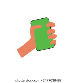Manos sosteniendo el teléfono inteligente. Comunicación, correo, chat, concepto de adicción a las redes sociales. Ilustración vectorial de moda dibujada a mano. Estilo de dibujos animados. Anuncio, Plantillas de diseño de Sitio web
