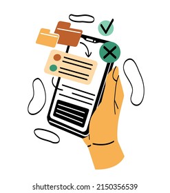 Hands holding smartphone. Communication on Internet, instant messengers and social media. Modern technologies and digital world. File sharing at work, cloud service. Cartoon flat vector illustration