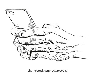 Hands holding a smartphone. Conceptual hand drawing on mobile communication, chat, messaging, social networking, mobile gaming, concentration or procrastination.