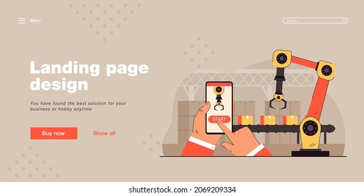 Manos con smartphone con aplicación de control. Ilustración vectorial plana. Comunicación inalámbrica con manos robóticas trabajando en fábrica. Ingeniería, tecnología, industria, gestión, concepto robótico