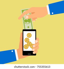 Hands holding smartphone convert dollar bill to bitcoin coins, vector illustration