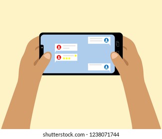 Hands holding a smartphone. Correspondence in social networks. Vector illustration.