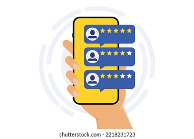 Hands holding smartphone with customer feedback. Website or application quality service client feedback. Speech bubble, text message, social media comment. Reviews stars with good and bad rate