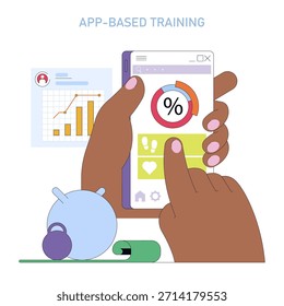Mãos segurando um smartphone exibir dados de treinamento baseado em aplicativo, com gráficos coloridos e métricas de progresso. Inclui um gráfico de barras de fundo e acessórios de fitness. Ilustração vetorial.