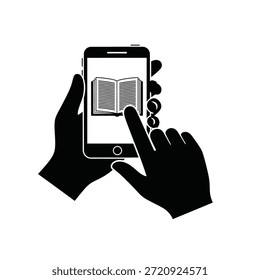 Mãos segurando smartphone exibindo livro aberto com dedo rolando livro dedo dedo dedo preto e branco