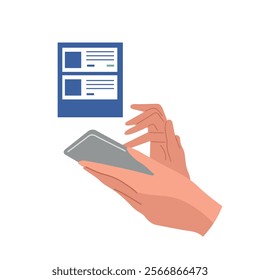 Hands holding smartphone with document icon above. Digital access to resumes, reports, and files. Mobile document management system and online storage tools
