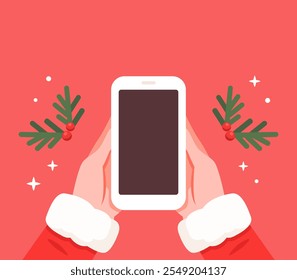 Hands holding smartphone with empty screen. Christmas sale and discount, Super saturday, Cyber Monday. Online shopping by phone and delivery concept. Vector illustration for design