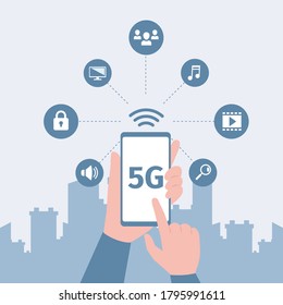 Hands, die Smartphone mit schnellem 5G-Netzwerk Wireless-Technologie und Zugang zu Multimedia, Internet Vektor-Plakatvorlage erhalten. Intelligente Stadt, schnelles 5G-Anschlusskonzept.