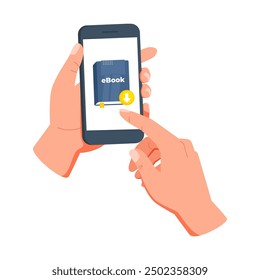 Las manos están sosteniendo el teléfono inteligente y el dedo está presionando el Botón de Descarga en la cubierta del libro electrónico, descargando el libro electrónico de la tienda en línea