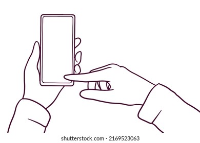 hands holding a smartphone. finger taps on phone screen. hand drawn style vector illustration