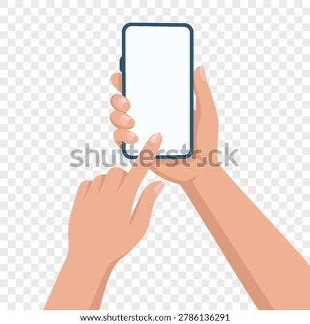 Hands Holding Smartphone with Finger Touching Screen, Vector Illustration. Mobile Phone UI Gesture. Touchscreen Interaction Concept. App Interface Blank Display. Click Tap Swipe Action