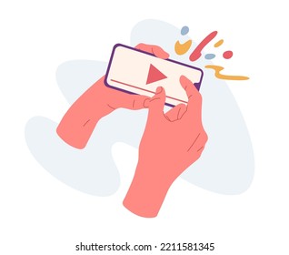 Hands Holding Smartphone, Fingers Scrolling Cellphone Screen. Video App Device Screen, Mobile Phone In Human Hands Flat Vector Illustration. Person Push Play Button