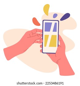 Manos con smartphone. Dedos que recorren la pantalla del teléfono celular, teléfono móvil en manos humanas ilustración vectorial plana en fondo blanco