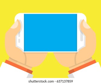 Hands holding smartphone. Flat cartoon style. Vector illustration.