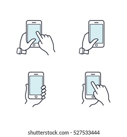 Hands holding smartphone. Flat line icon. Vector icon set