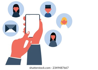 manos con smartphone La gente usa Smartphones y Viendo videollamadas en medios sociales. Chicas Chateando,