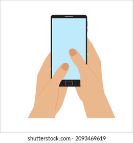 Hands holding smartphone, flat style, catroon.Mobile device with blank screen.Flat style,minimalist design.Space for your picture or text.Template, mock-up.Isolated.Vector illustration