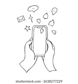 Hands holding smartphone with flying heart, bell, star icons monochrome vector illustration, Hand drawn sketch for blogging concept, social media presentation, and digital communication design.
