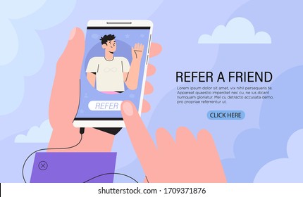 Hands holding smartphone with a friend social media profile page or user account. Refer a friend, referand earn or smm, following concept for add, banner, landing page template, ui, web design, flyer.