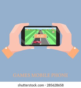 Hands Holding Smartphone with Game Application on the Screen. Vector Flat Illustration.