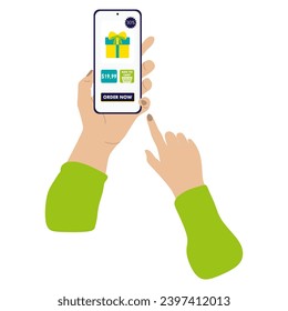 Hands holding Smartphone with Gift box icon on screen. Vector Flat illustration with purchase online on mobile app store, banner design. Paying and shopping with phone concept. Wireless payment