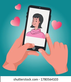 Hands holding smartphone with girl image on the screen and reacting to the picture with hearts all over blue background.