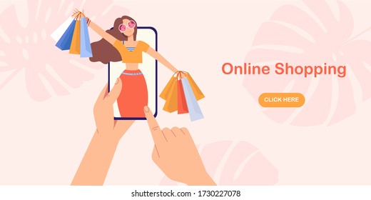 Hands holding smartphone with a girl with shopping bag. Concept of online shopping, summer discounts.