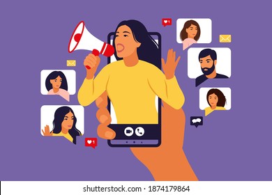 Hands holding smartphone with a girl shouting in loud speaker. Influencer marketing, social media or network promotion. Blogger promotion services and goods for her followers online. Vector.