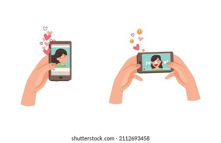 Hands holding smartphone with girlfriend on screen set. Video call with loved one vector illustration