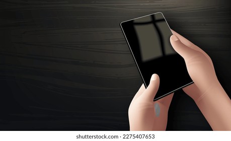 Hands Holding Smartphone With Glare Of Window Under Dark Wooden Table . EPS10 Vector