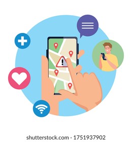 Hands holding smartphone with gps marks and warning banner design, Map travel navigation route road location technology search street and direction theme Vector illustration