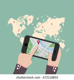 hands holding a smartphone with gps navigation application